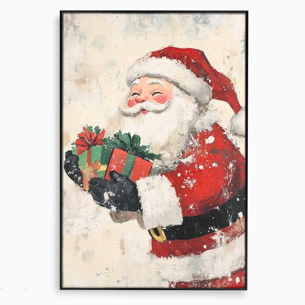 Tablou canvas cu ilustratie vintage cu mos craciun, in rama de aluminiu negru